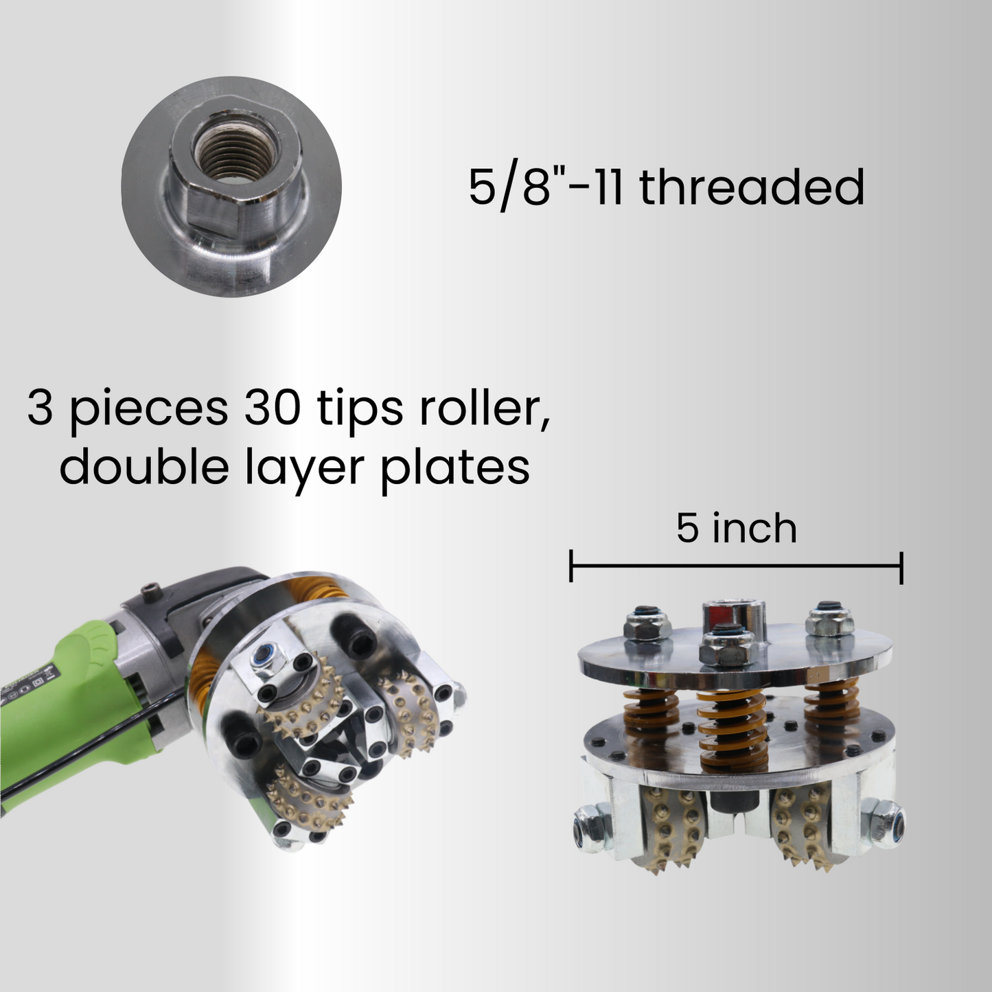 Bush Hammer Disc for Coating Removal Stone Texturing, 3 Pieces 30 Tips Roller (5/8"-11 Threaded)